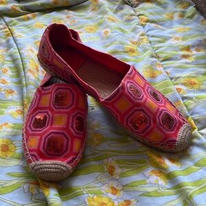 TORY BURCH Vivid Orange Octagon Sq Cecily Embellished Espadrille Flats - US 7